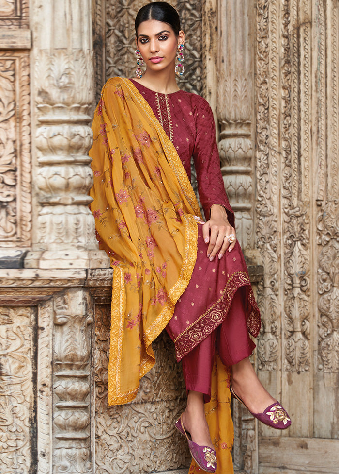 3 Pc Maroon Unstitched Silk Suit Set With Dupatta VDSL2811239 - Indian Silk House Agencies