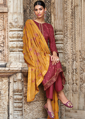 3 Pc Maroon Unstitched Silk Suit Set With Dupatta VDSL2811239 - Indian Silk House Agencies