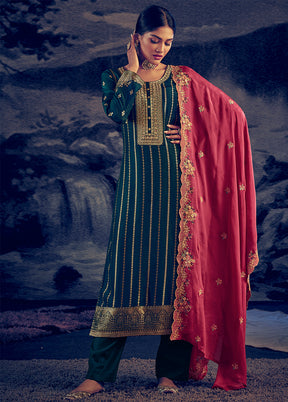 Blue 3 Pc Unstitched Silk Suit Set With Dupatta VDSL212224 - Indian Silk House Agencies