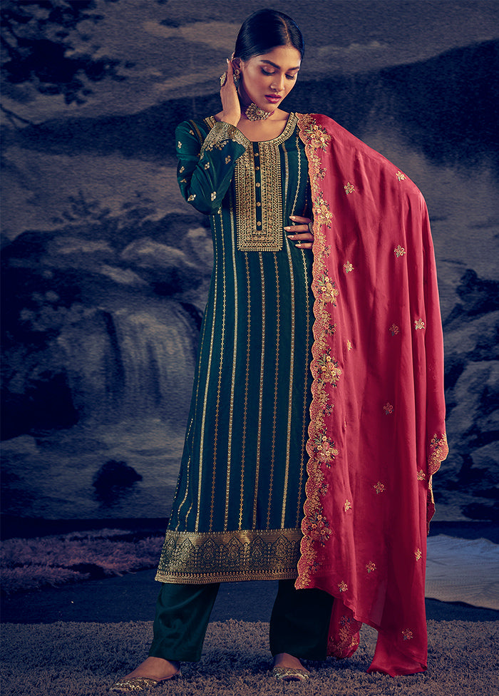 Blue 3 Pc Unstitched Silk Suit Set With Dupatta VDSL212224 - Indian Silk House Agencies