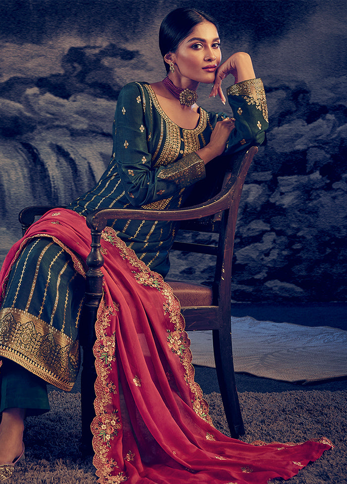 Blue 3 Pc Unstitched Silk Suit Set With Dupatta VDSL212224 - Indian Silk House Agencies