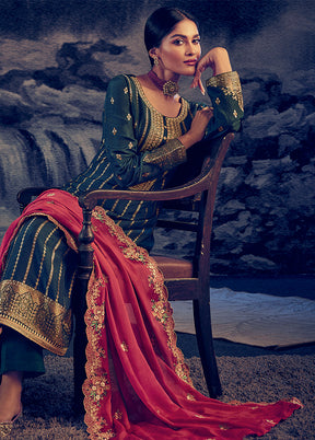 Blue 3 Pc Unstitched Silk Suit Set With Dupatta VDSL212224 - Indian Silk House Agencies