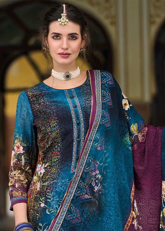 3 Pc Blue Unstitched Suit Set With Dupatta VDSL812224 - Indian Silk House Agencies