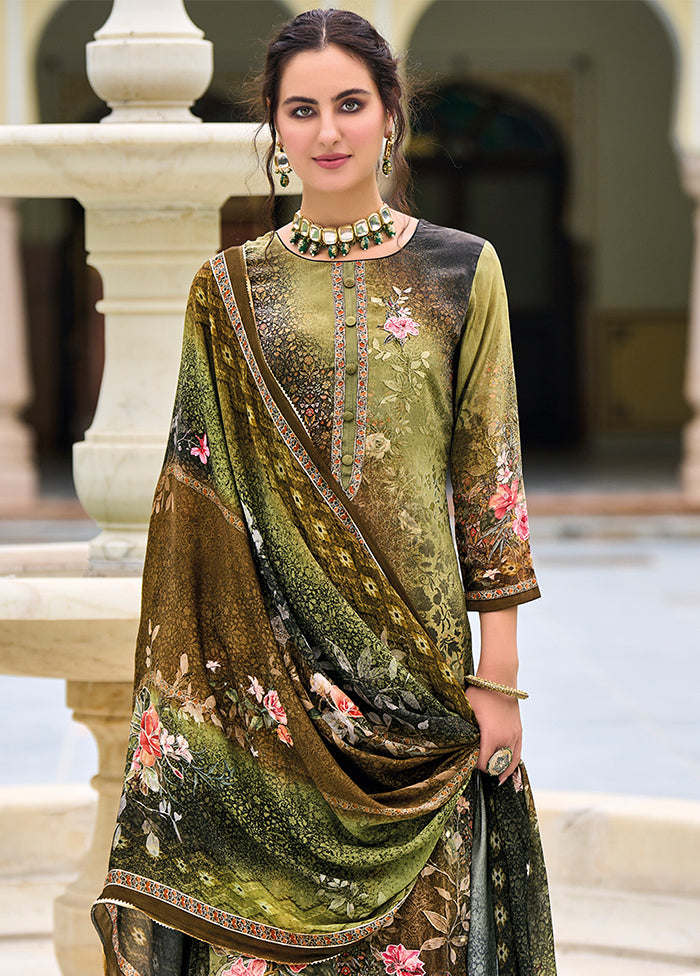 3 Pc Olive Green Unstitched Suit Set With Dupatta VDSL812225 - Indian Silk House Agencies