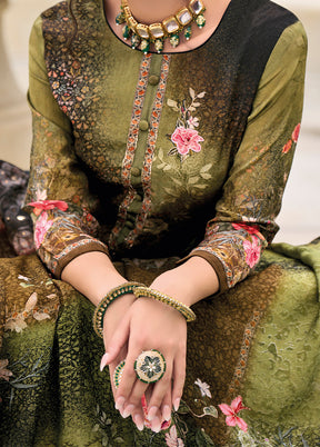 3 Pc Olive Green Unstitched Suit Set With Dupatta VDSL812225 - Indian Silk House Agencies