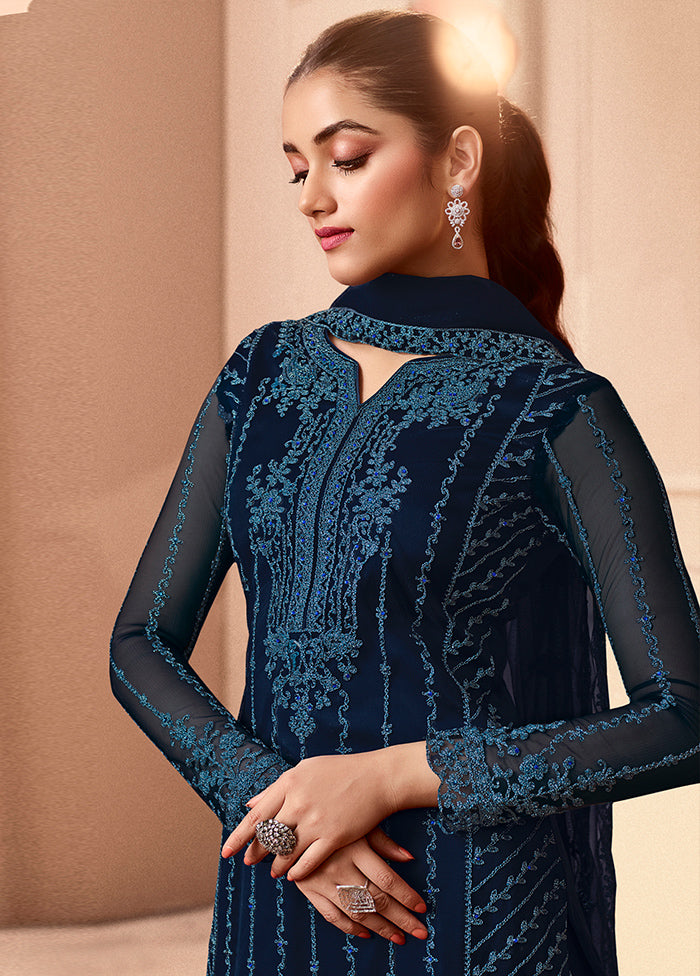 3 Pc Navy Blue Unstitched Net Floral Work Suit Set VDSL1312223 - Indian Silk House Agencies