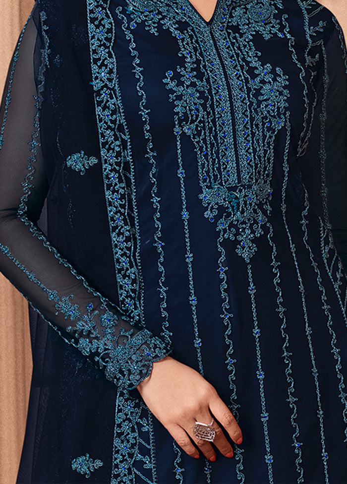 3 Pc Navy Blue Unstitched Net Floral Work Suit Set VDSL1312223 - Indian Silk House Agencies
