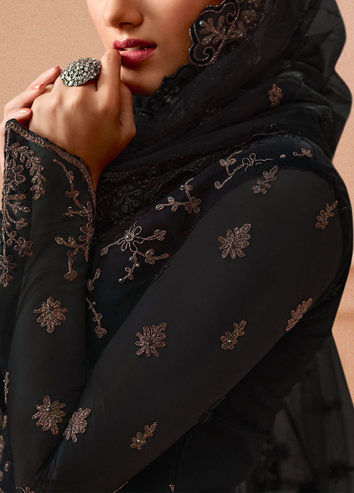 3 Pc Black Unstitched Net Floral Work Suit Set VDSL1312225 - Indian Silk House Agencies