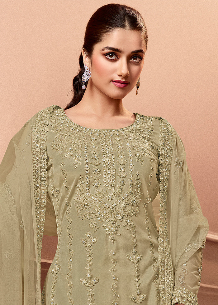 3 Pc Greyish Green Unstitched Net Floral Work Suit Set VDSL1312226 - Indian Silk House Agencies