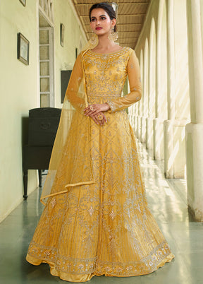 Yellow Semi Stitched Net Long Ethnic Dress Yellow Semi Stitched Net Long Ethnic Dress