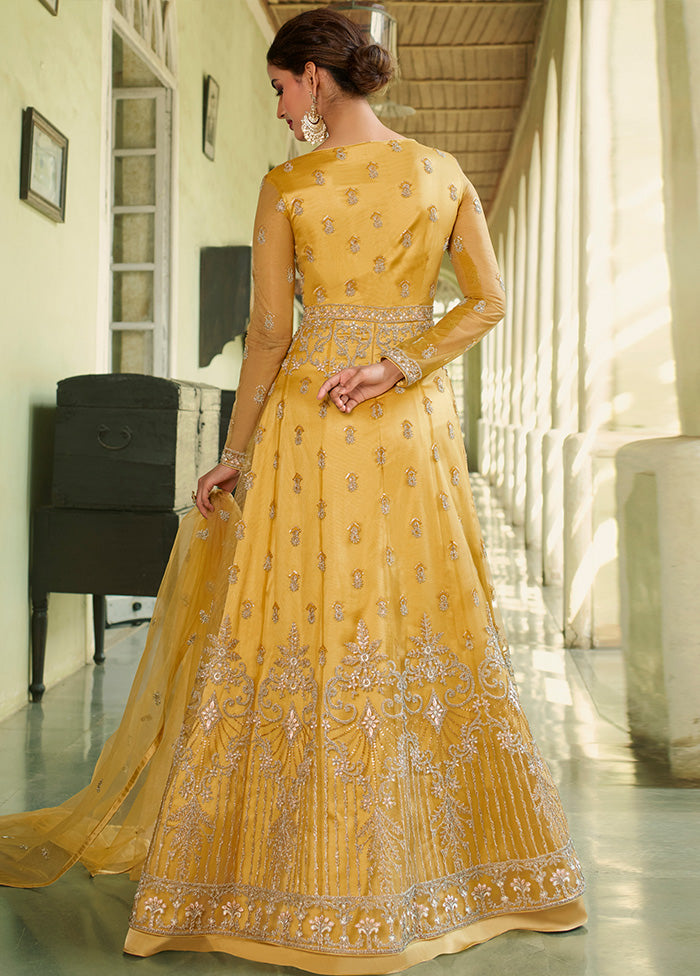 Yellow Semi Stitched Net Long Ethnic Dress Yellow Semi Stitched Net Long Ethnic Dress