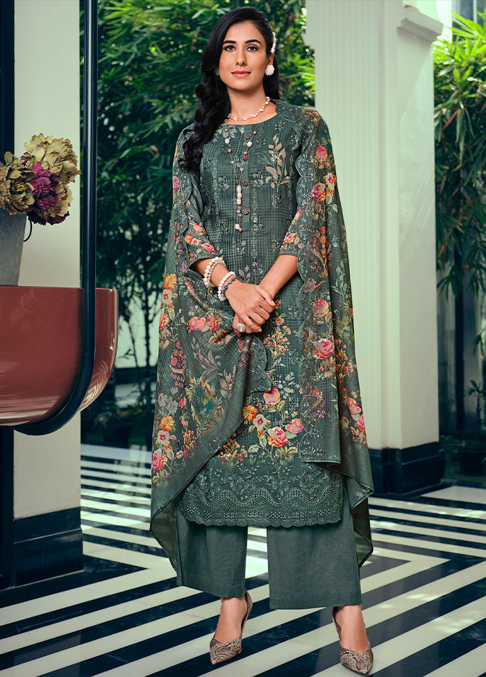 3 Pc Grey Unstitched Cotton Suit Set - Indian Silk House Agencies