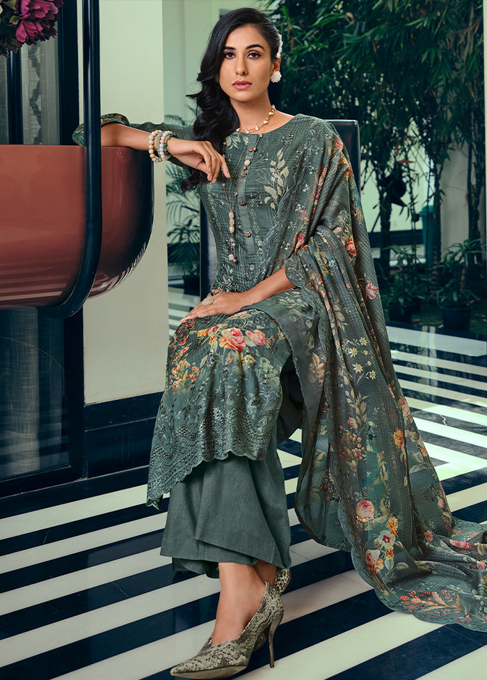 3 Pc Grey Unstitched Cotton Suit Set - Indian Silk House Agencies
