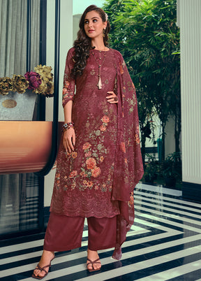 3 Pc Maroon Unstitched Cotton Suit Set - Indian Silk House Agencies