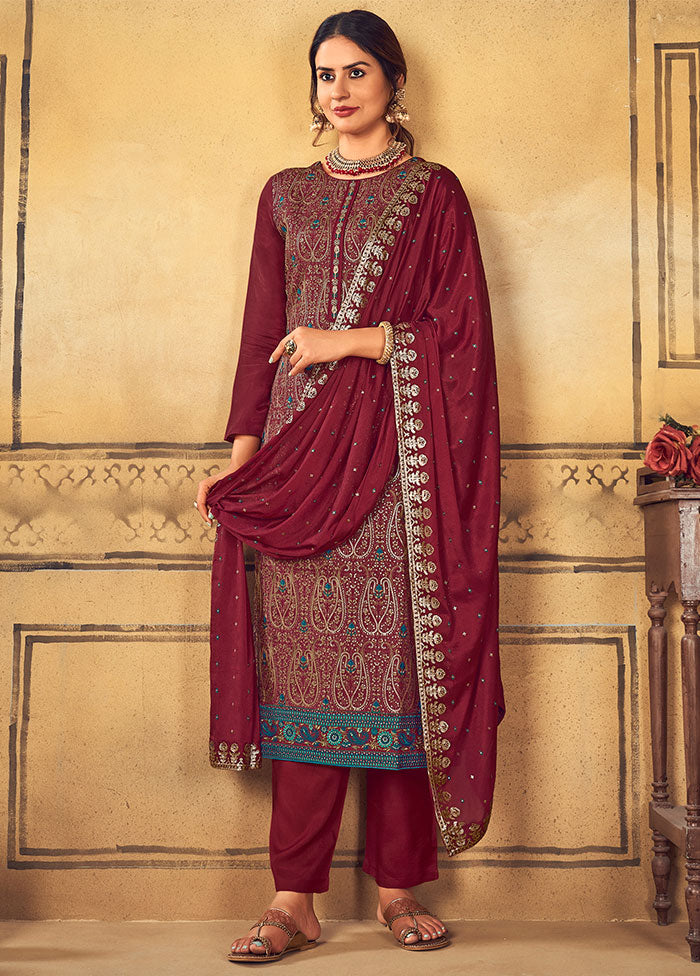 3 Pc Maroon Unstitched Salwar Suit Set With Dupatta VDSL91233 - Indian Silk House Agencies