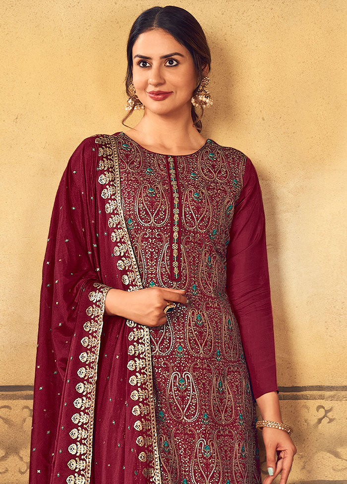 3 Pc Maroon Unstitched Salwar Suit Set With Dupatta VDSL91233 - Indian Silk House Agencies