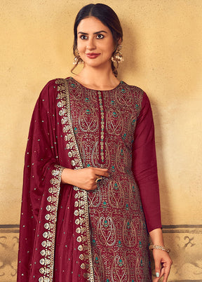 3 Pc Maroon Unstitched Salwar Suit Set With Dupatta VDSL91233 - Indian Silk House Agencies
