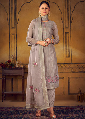 3 Pc Grey Unstitched Silk Suit Set With Dupatta VDSL1201233 - Indian Silk House Agencies