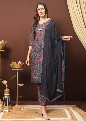 3 Pc Navy Blue Unstitched Silk Suit Set With Dupatta VDSL3001231 - Indian Silk House Agencies