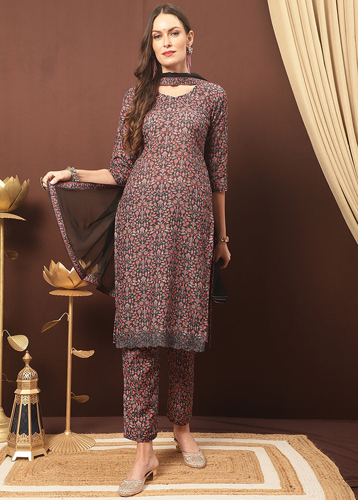 3 Pc Black Unstitched Silk Suit Set With Dupatta VDSL3001233 - Indian Silk House Agencies