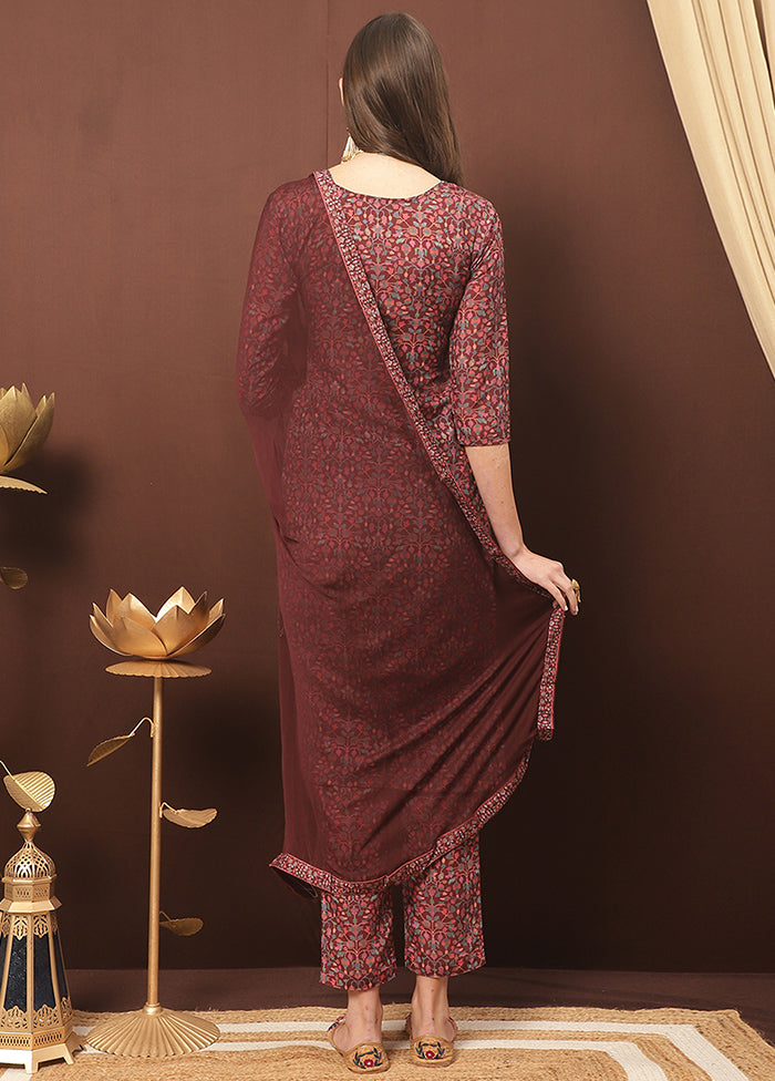 3 Pc Maroon Unstitched Silk Suit Set With Dupatta VDSL3001234 - Indian Silk House Agencies