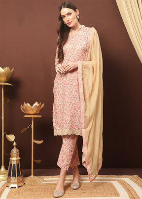 3 Pc Beige Unstitched Cotton Suit Set