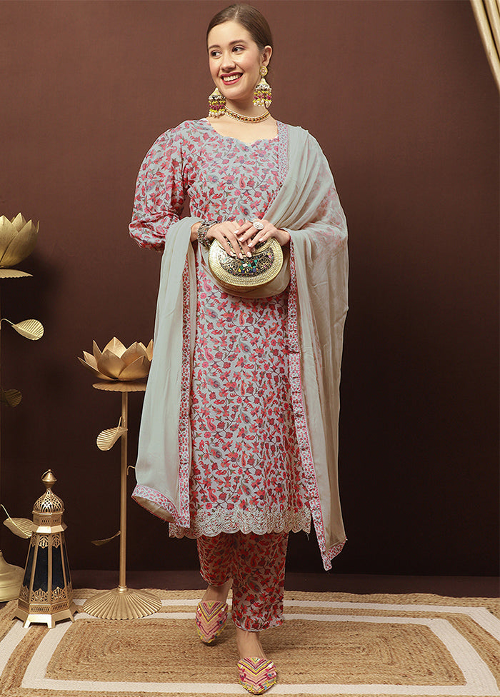 3 Pc Grey Unstitched Silk Suit Set With Dupatta VDSL3001237 - Indian Silk House Agencies