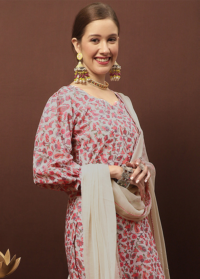 3 Pc Grey Unstitched Silk Suit Set With Dupatta VDSL3001237 - Indian Silk House Agencies