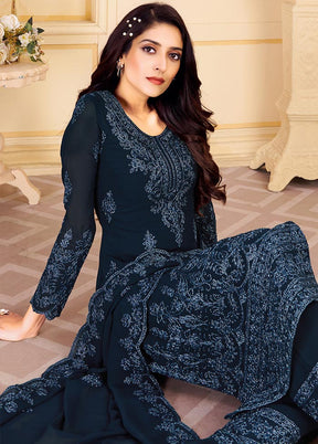 Navy Blue 3 Pc Unstitched Georgette Suit Set With Dupatta VDSL0402233 - Indian Silk House Agencies