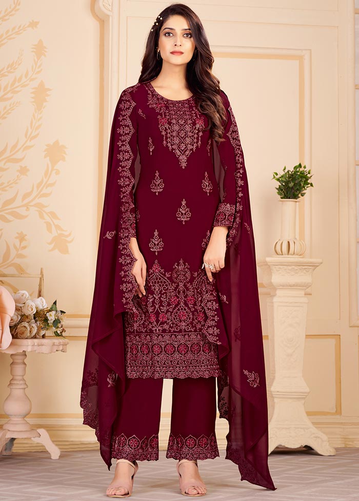 Maroon 3 Pc Unstitched Georgette Suit Set With Dupatta VDSL0402235 - Indian Silk House Agencies