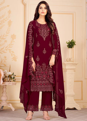 Maroon 3 Pc Unstitched Georgette Suit Set With Dupatta VDSL0402235 - Indian Silk House Agencies