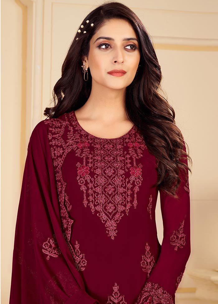 Maroon 3 Pc Unstitched Georgette Suit Set With Dupatta VDSL0402235 - Indian Silk House Agencies