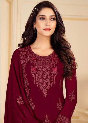 Maroon 3 Pc Unstitched Georgette Suit Set With Dupatta VDSL0402235 - Indian Silk House Agencies