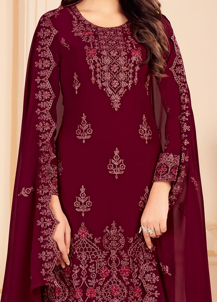 Maroon 3 Pc Unstitched Georgette Suit Set With Dupatta VDSL0402235 - Indian Silk House Agencies