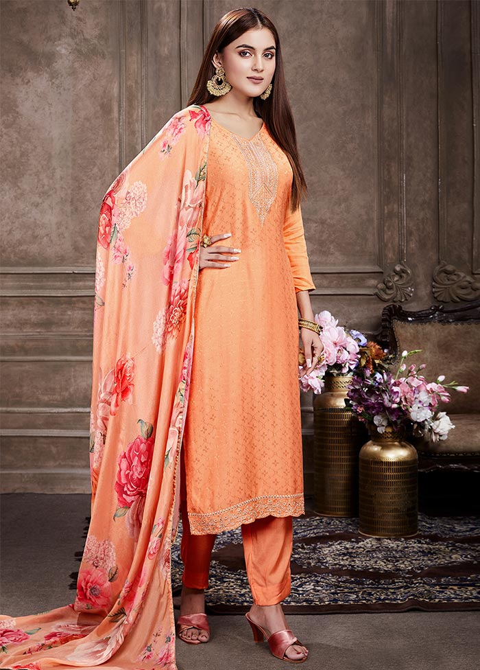 Peach 3 Pc Unstitched Muslin Suit Set With Dupatta VDSL0402241 - Indian Silk House Agencies