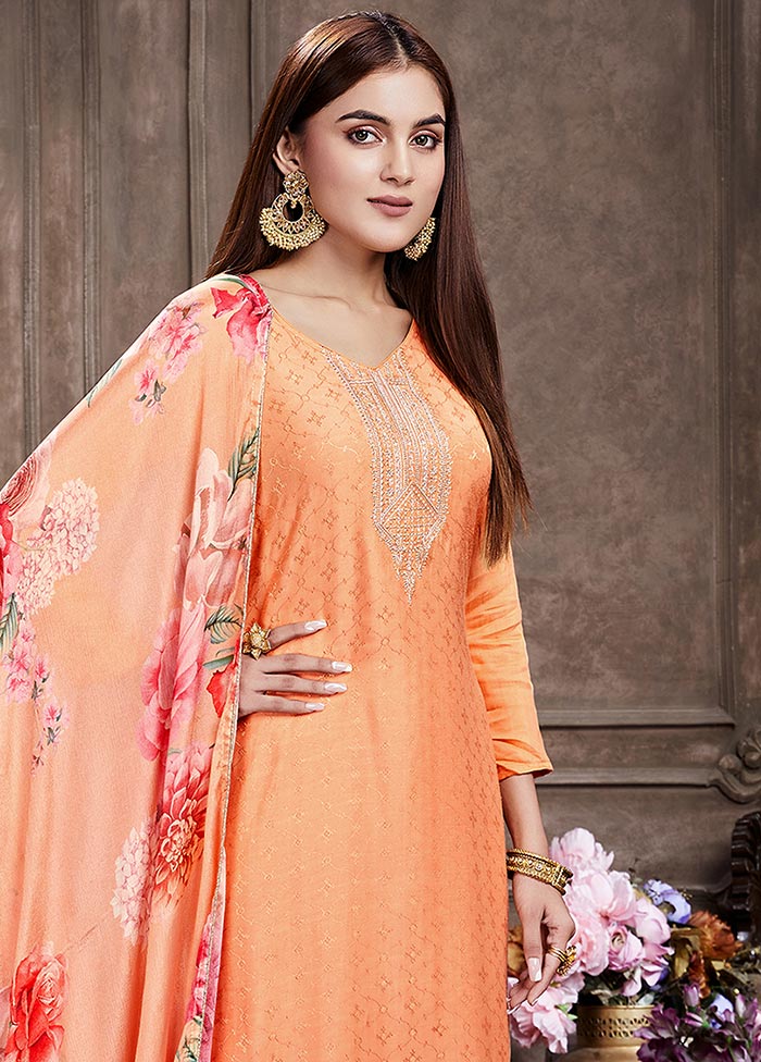 Peach 3 Pc Unstitched Muslin Suit Set With Dupatta VDSL0402241 - Indian Silk House Agencies
