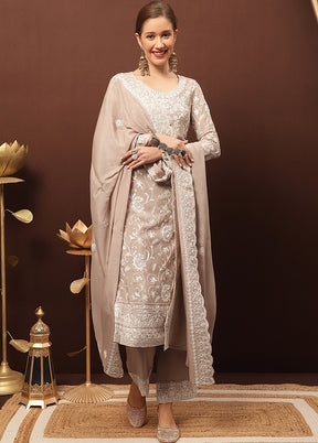 3 Pc Beige Unstitched Suit Set With Dupatta VDSL1002233 - Indian Silk House Agencies