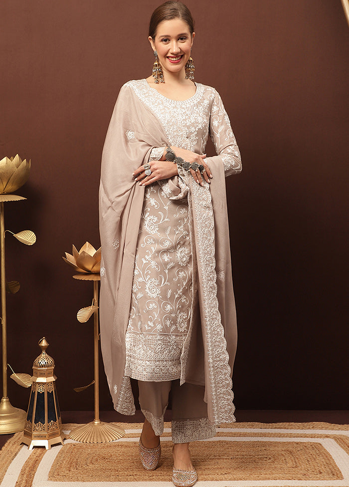 3 Pc Beige Unstitched Suit Set With Dupatta VDSL1002233 - Indian Silk House Agencies