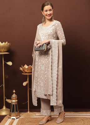 3 Pc Beige Unstitched Suit Set With Dupatta VDSL1002233 - Indian Silk House Agencies