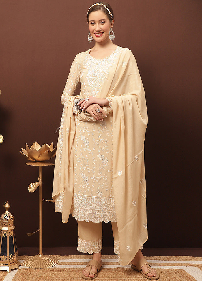 3 Pc Beige Unstitched Suit Set With Dupatta VDSL1002235 - Indian Silk House Agencies
