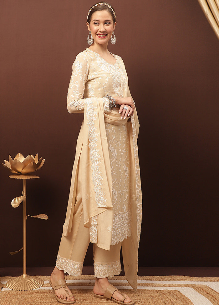 3 Pc Beige Unstitched Suit Set With Dupatta VDSL1002235 - Indian Silk House Agencies