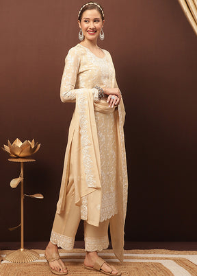 3 Pc Beige Unstitched Suit Set With Dupatta VDSL1002235 - Indian Silk House Agencies