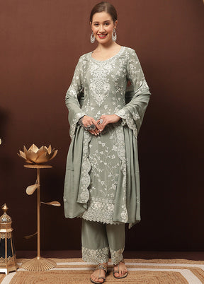 3 Pc Grey Unstitched Suit Set With Dupatta VDSL1002236 - Indian Silk House Agencies
