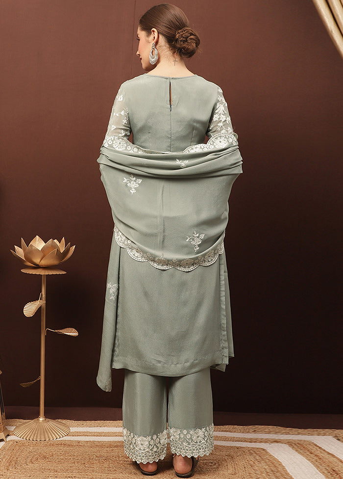 3 Pc Grey Unstitched Suit Set With Dupatta VDSL1002236 - Indian Silk House Agencies