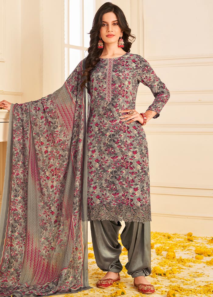3 Pc Unstitched Grey Crepe Suit Set With Dupatta VDSL0702232 - Indian Silk House Agencies