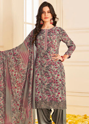 3 Pc Unstitched Grey Crepe Suit Set With Dupatta VDSL0702232 - Indian Silk House Agencies