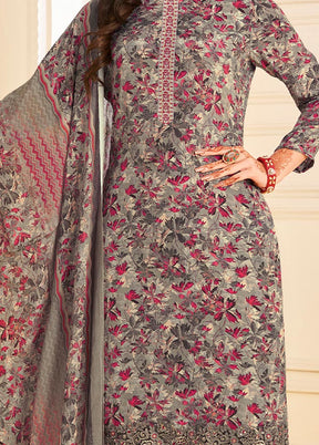 3 Pc Unstitched Grey Crepe Suit Set With Dupatta VDSL0702232 - Indian Silk House Agencies