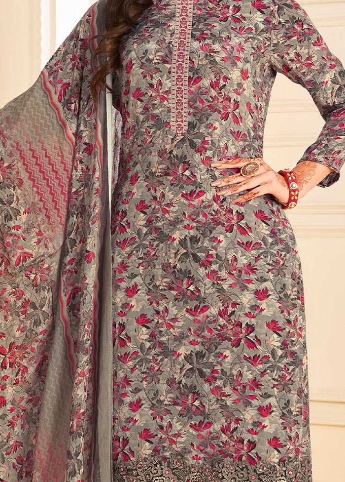 3 Pc Unstitched Grey Crepe Suit Set With Dupatta VDSL0702232 - Indian Silk House Agencies
