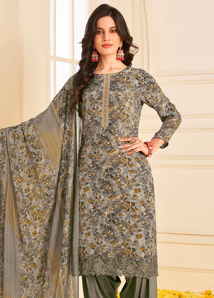 3 Pc Unstitched Grey Crepe Suit Set With Dupatta VDSL0702234 - Indian Silk House Agencies