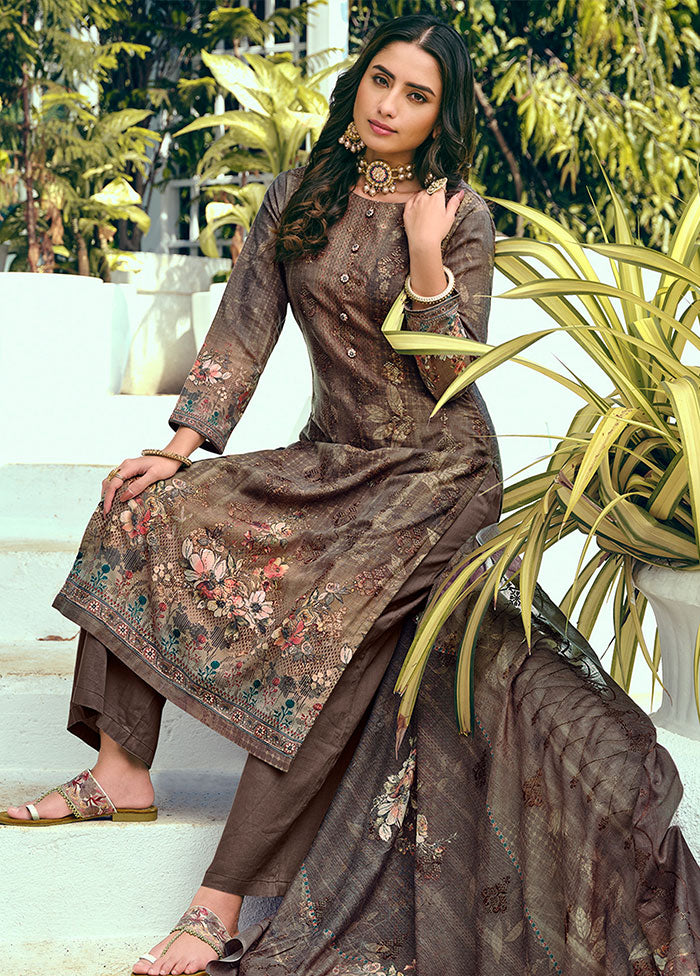 3 Pc Brown Unstitched Suit Set With Dupatta VDSL1002241 - Indian Silk House Agencies